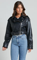 Bertha Jacket - Faux Leather Biker Jacket in Black