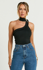 Betty Top - One Shoulder Halter Neck Scarf Top in Black
