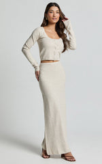 Beverly Two Piece Set - Recycled Knitted Scoop Neck Cardigan Top and Column Maxi Skirt Set in Oat Marle