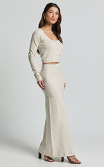 Beverly Two Piece Set - Recycled Knitted Scoop Neck Cardigan Top and Column Maxi Skirt Set in Oat Marle
