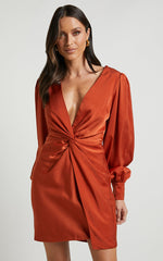 Billie Mini Dress - Twist Front Long Puff Sleeves Dress in Copper