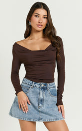 Blaire Top - Long Sleeve Cowl Neck Top in Chocolate