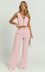 Bree Pants - Linen Mid Rise Relaxed Straight Leg Tailored Trousers in Light Pink