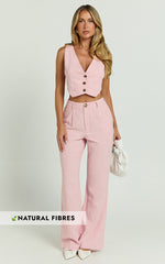 Bree Pants - Linen Mid Rise Relaxed Straight Leg Tailored Trousers in Light Pink