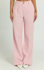 Bree Pants - Linen Mid Rise Relaxed Straight Leg Tailored Trousers in Light Pink