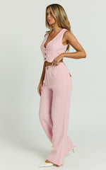 Bree Pants - Linen Mid Rise Relaxed Straight Leg Tailored Trousers in Light Pink