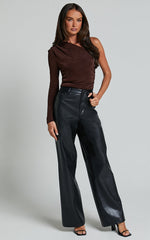 Bridgette Top - One Shoulder Long Sleeve Ruched Top in Chocolate
