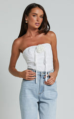Brooke Top - Strapless Jacquard Detachable Rosette Top in White
