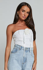 Brooke Top - Strapless Jacquard Detachable Rosette Top in White