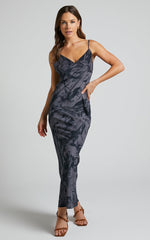 Brunita Midi Dress - V Neck Low Scoop Back Slip Dress in Charcoal Marble