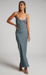 Brunita Midi Dress - V Neck Low Scoop Back Slip Dress in Tile Geo