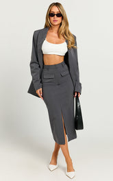 Brylee Midi Skirt - High Waisted Front Split Skirt in Charcoal