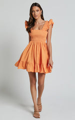 Brynlee Mini Dress - Elastic Chest Flutter Sleeve Hem Dress in Mandarin