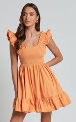 Brynlee Mini Dress - Elastic Chest Flutter Sleeve Hem Dress in Mandarin