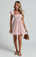 Brynlee Mini Dress - Elastic Chest Flutter Sleeve Hem Dress in Red Stripe