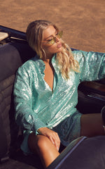 Cally Mini Dress - Oversized Shirt Dress in Aqua Sequin