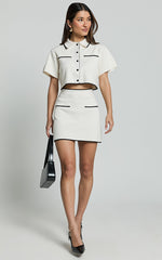 Callie Mini Skirt- Recycled A Line Knitted Contrast Detail Mini Skirt in Cream