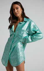 Cally Mini Dress - Oversized Shirt Dress in Aqua Sequin