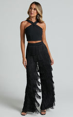Caralyne Two Piece Set - Diamond Neck Crop Top and Tiered Fringe Pants in Black