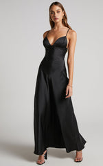 Cariela Maxi Dress - Plunge Neck Satin Dress in Black