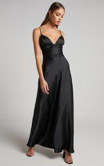 Cariela Maxi Dress - Plunge Neck Satin Dress in Black