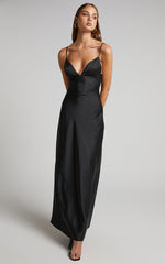 Cariela Maxi Dress - Plunge Neck Satin Dress in Black
