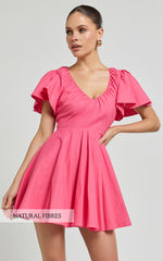 Carli Mini Dress - Linen Ruched Bodice Bell Sleeve Dress in Pink