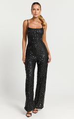 Carlie Jumpsuit - Straight Neck Strappy Sequin in Black
