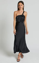 Carmella Midi Dress - One Shoulder Twist Detail Dress in Black