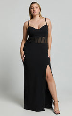 Carmen Midi Dress - Sheer Corset Panel High Split Dress in Black