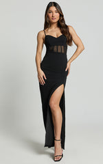Carmen Midi Dress - Sheer Corset Panel High Split Dress in Black