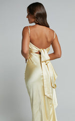 Carolina Maxi Dress - Frill Detail Satin Square Neck Dress in Lemon