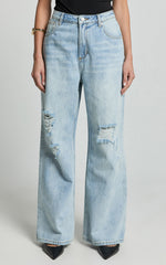 Cate Jeans - Baggy High Waist Ripped Wide Leg Recycled Denim Jeans in Light Blue Wash