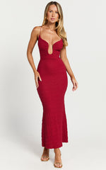Charlee Midi Dress - Bodycon Sweetheart Cut Out Bust Thin Strap Dress in Red