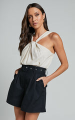 Charline Shorts - Linen Look High Waisted Tailored Front Pleated Belted Shorts in Black