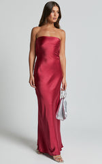 Charlita Maxi Dress - Strapless Cowl Back Satin Dress in Berry