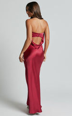Charlita Maxi Dress - Strapless Cowl Back Satin Dress in Berry