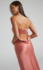Charlita Maxi Dress - Strapless Cowl Back Satin Dress in Peach
