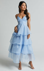 Cindy Midi Dress - Layered Skirt Dress in Pale Blue