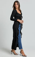 Claudia Longline Top - Ruffle Tie Front Long Sleeve Top in Black
