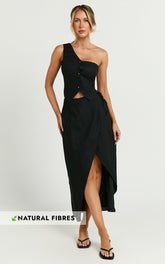 Claudia Two Piece Set - Linen Look One Shoulder Button Down Top and Midi Skirt Set in Black