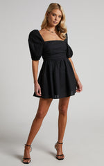 Claudina Mini Dress - Linen Look Puff Sleeve Ruched Bodice Dress in Black