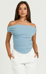 Cleo Top - Off Shoulder Curved Hem Top in Baby Blue