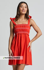 Cloe Mini Dress - Linen Tie Shoulder Shirred Dress in Red