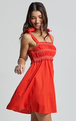 Cloe Mini Dress - Linen Tie Shoulder Shirred Dress in Red