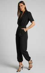 Coco Jumpsuit - Collared Short Sleeve Straight Leg Jumpsuit in Black