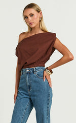 Collins Linen Blend Top - Draped Asymmetrical Neckline Top in Chocolate