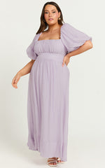 Roshina Midi Dress - Straight Neck Puff Sleeve Dress in Lavender