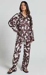 Janissa Shirt - Long Sleeve Satin Shirt in Brown Floral