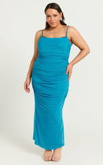 Rosalez Midi Dress - Strappy Ruched Bodycon Dress in Blue